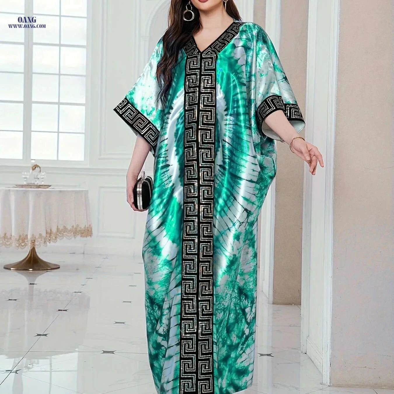 Middle Eastern Sequin Print Robe with Headscarf - Adjustable Waist Kaftan   OAXG Blue / One-size
