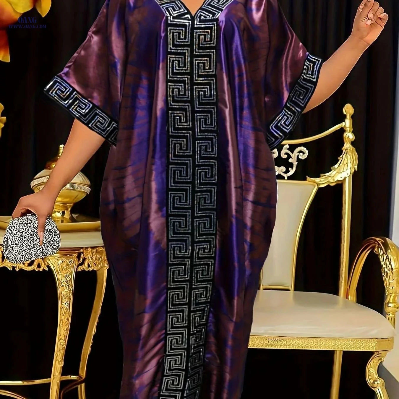 Middle Eastern Sequin Print Robe with Headscarf - Adjustable Waist Kaftan   OAXG Blue / One-size
