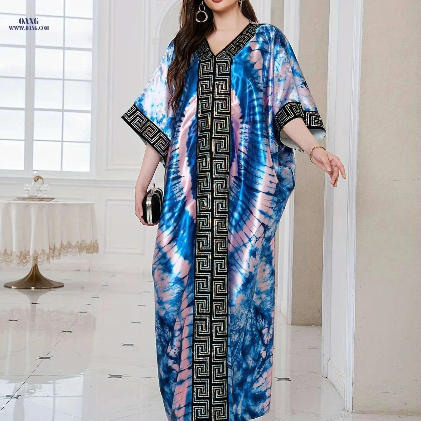 Middle Eastern Sequin Print Robe with Headscarf - Adjustable Waist Kaftan   OAXG Blue / One-size