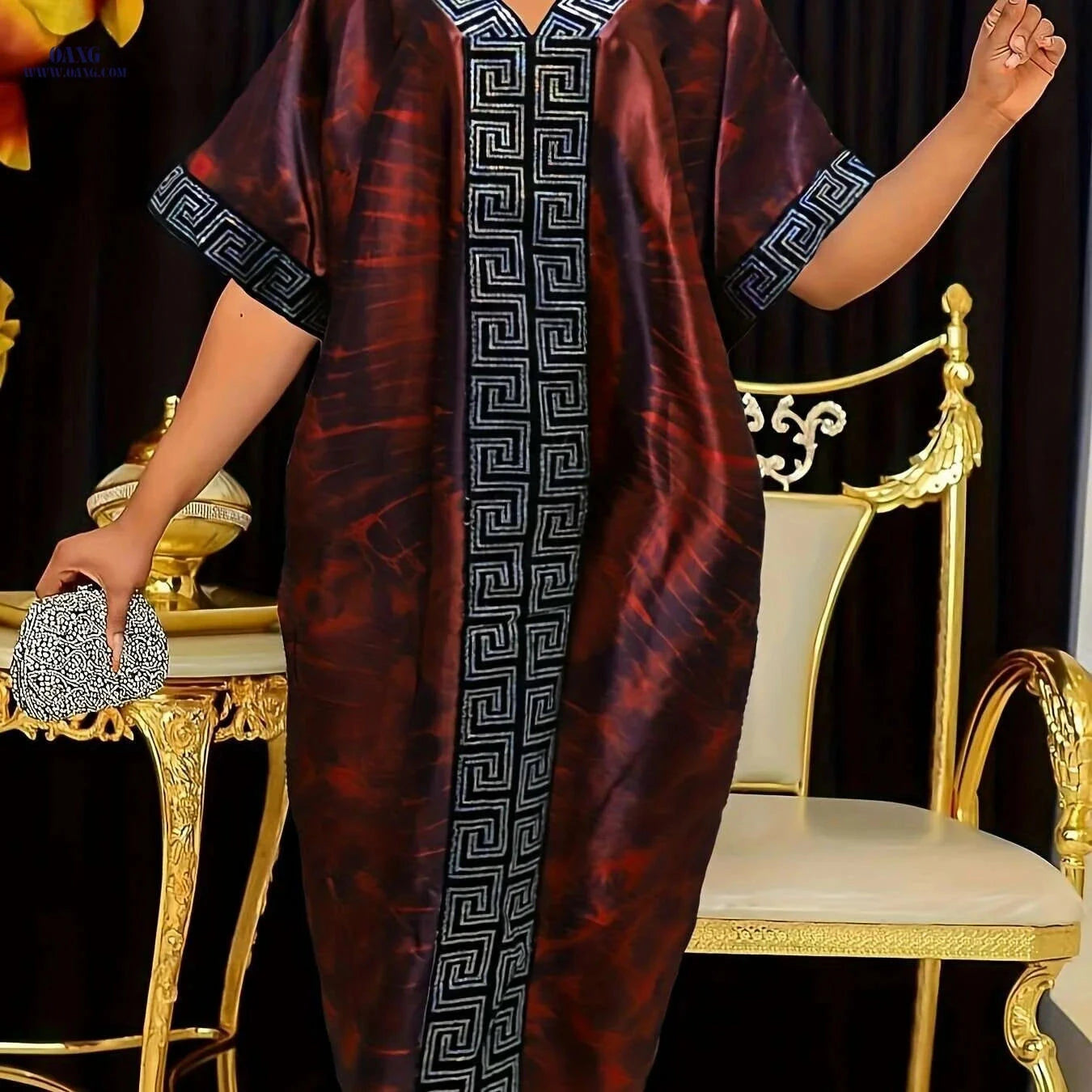Middle Eastern Sequin Print Robe with Headscarf - Adjustable Waist Kaftan   OAXG 