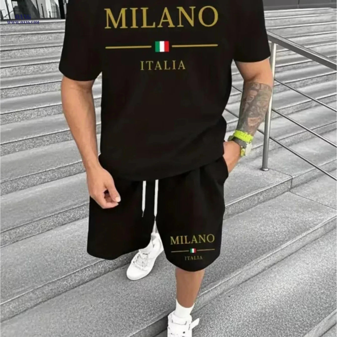Milan-Themed Men's Short Sleeve Set - Stylish Urban Casual Wear   OAXG 