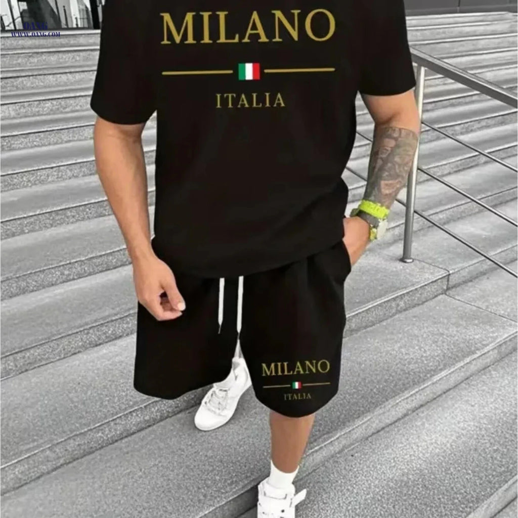 Milan-Themed Men's Short Sleeve Set - Stylish Urban Casual Wear   OAXG 