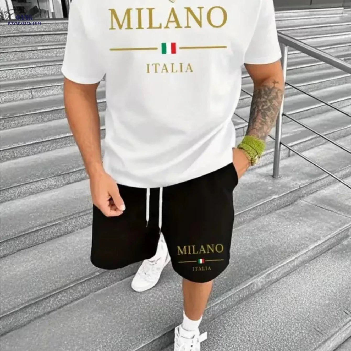 Milan-Themed Men's Short Sleeve Set - Stylish Urban Casual Wear   OAXG Black / FR S