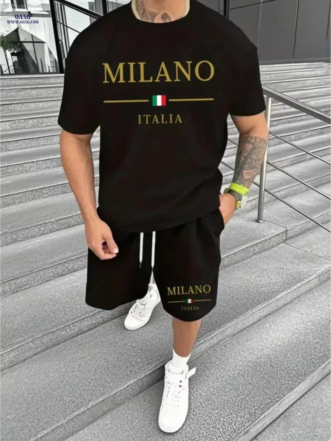Milan-Themed Men's Short Sleeve Set - Stylish Urban Casual Wear   OAXG Black / FR S