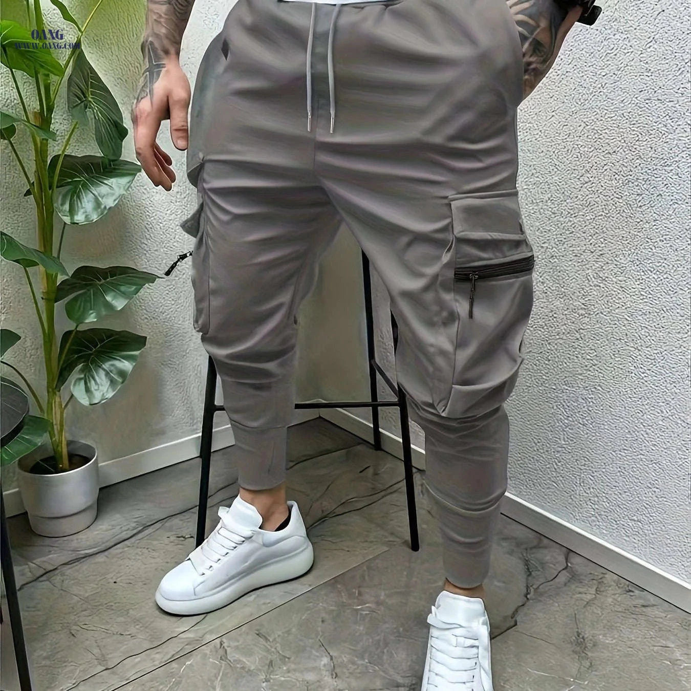 Minimalist Men's Cargo Pants - Solid Color with Drawstring Waist   OAXG 