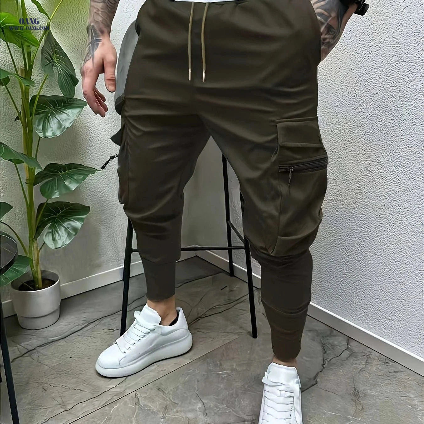 Minimalist Men's Cargo Pants - Solid Color with Drawstring Waist   OAXG 