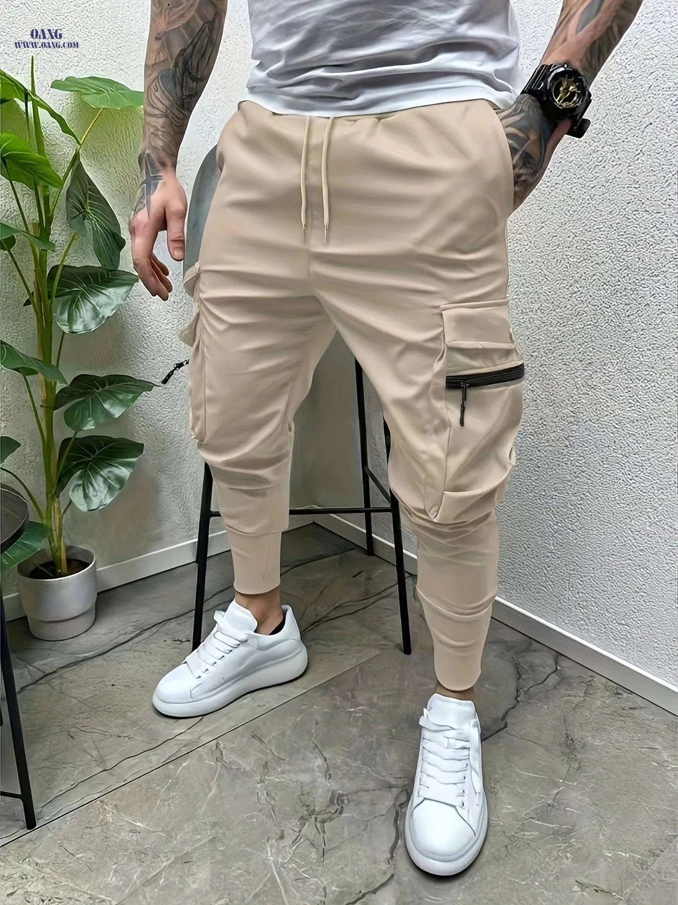 Minimalist Men's Cargo Pants - Solid Color with Drawstring Waist   OAXG 