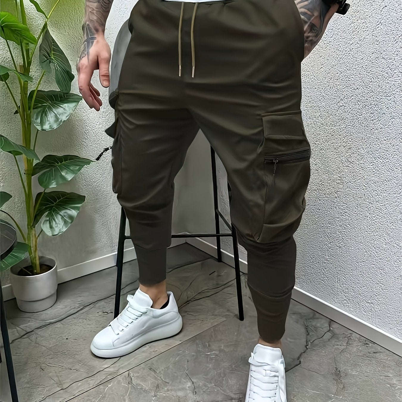 Minimalist Men's Cargo Pants - Solid Color with Drawstring Waist   OAXG 