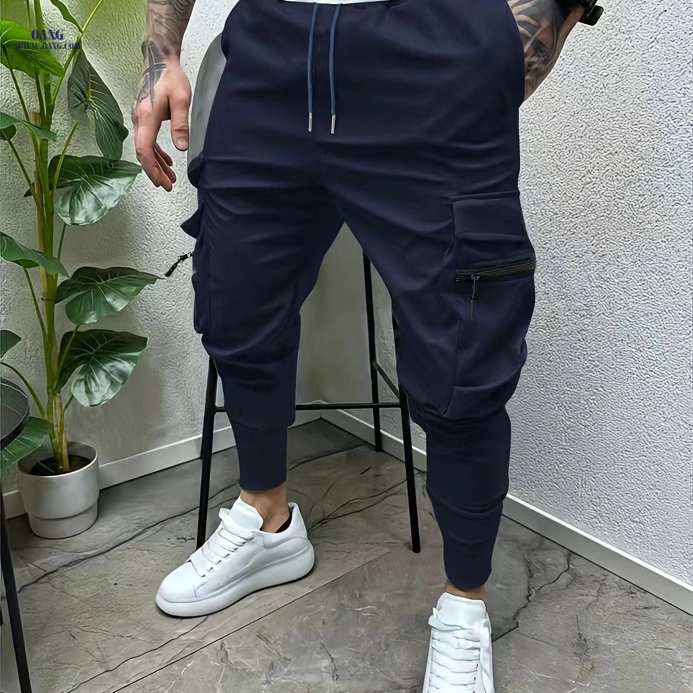 Minimalist Men's Cargo Pants - Solid Color with Drawstring Waist   OAXG 