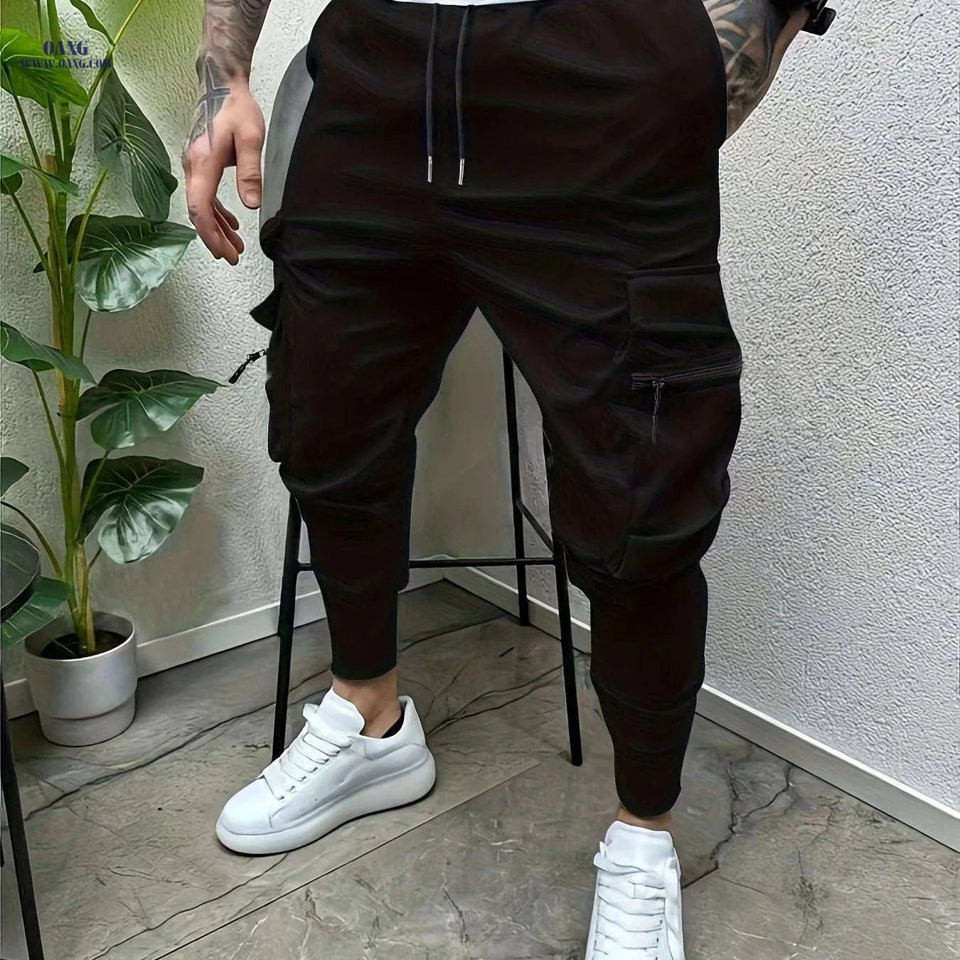 Minimalist Men's Cargo Pants - Solid Color with Drawstring Waist   OAXG Army Green / FR S