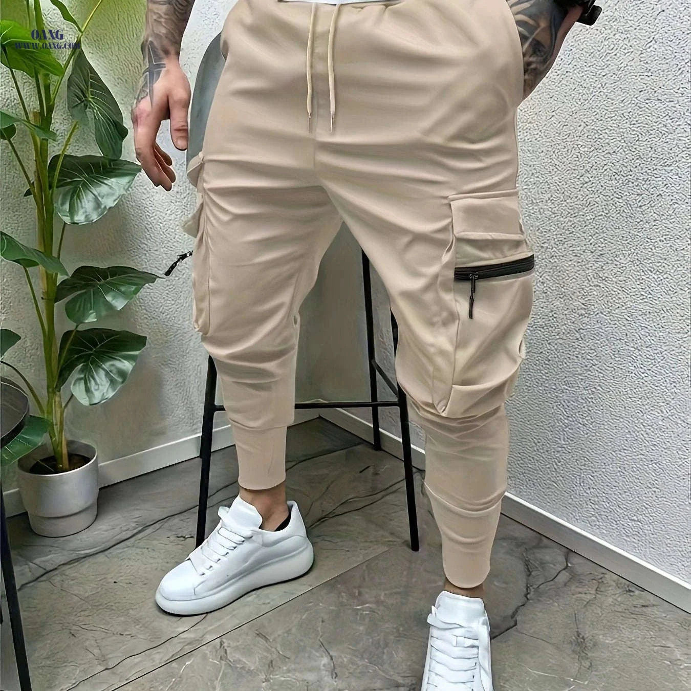 Minimalist Men's Cargo Pants - Solid Color with Drawstring Waist   OAXG Army Green / FR S