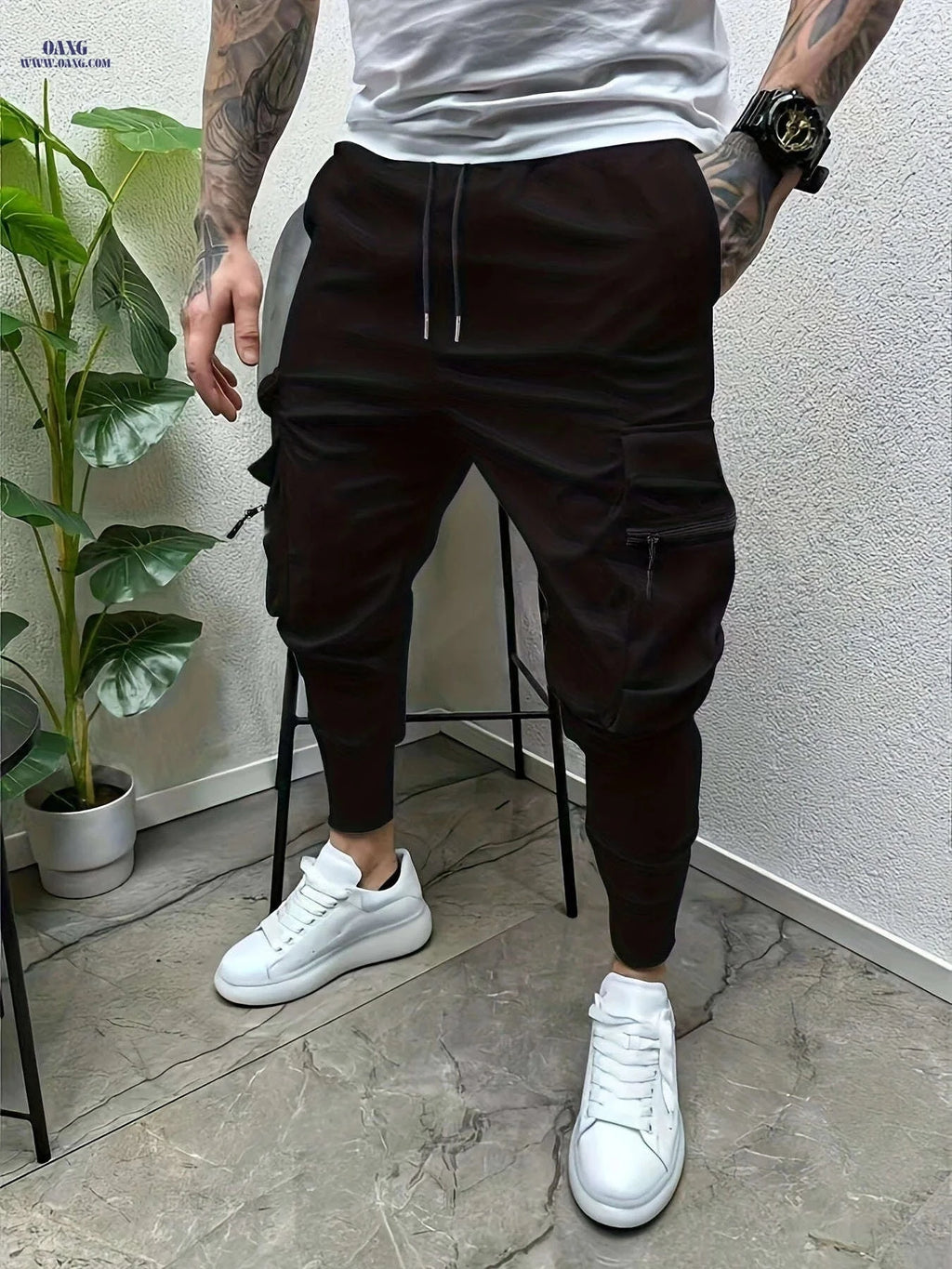 Minimalist Men's Cargo Pants - Solid Color with Drawstring Waist   OAXG 
