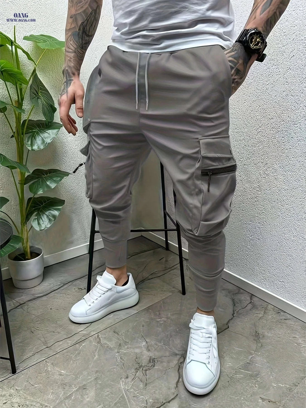 Minimalist Men's Cargo Pants - Solid Color with Drawstring Waist   OAXG 