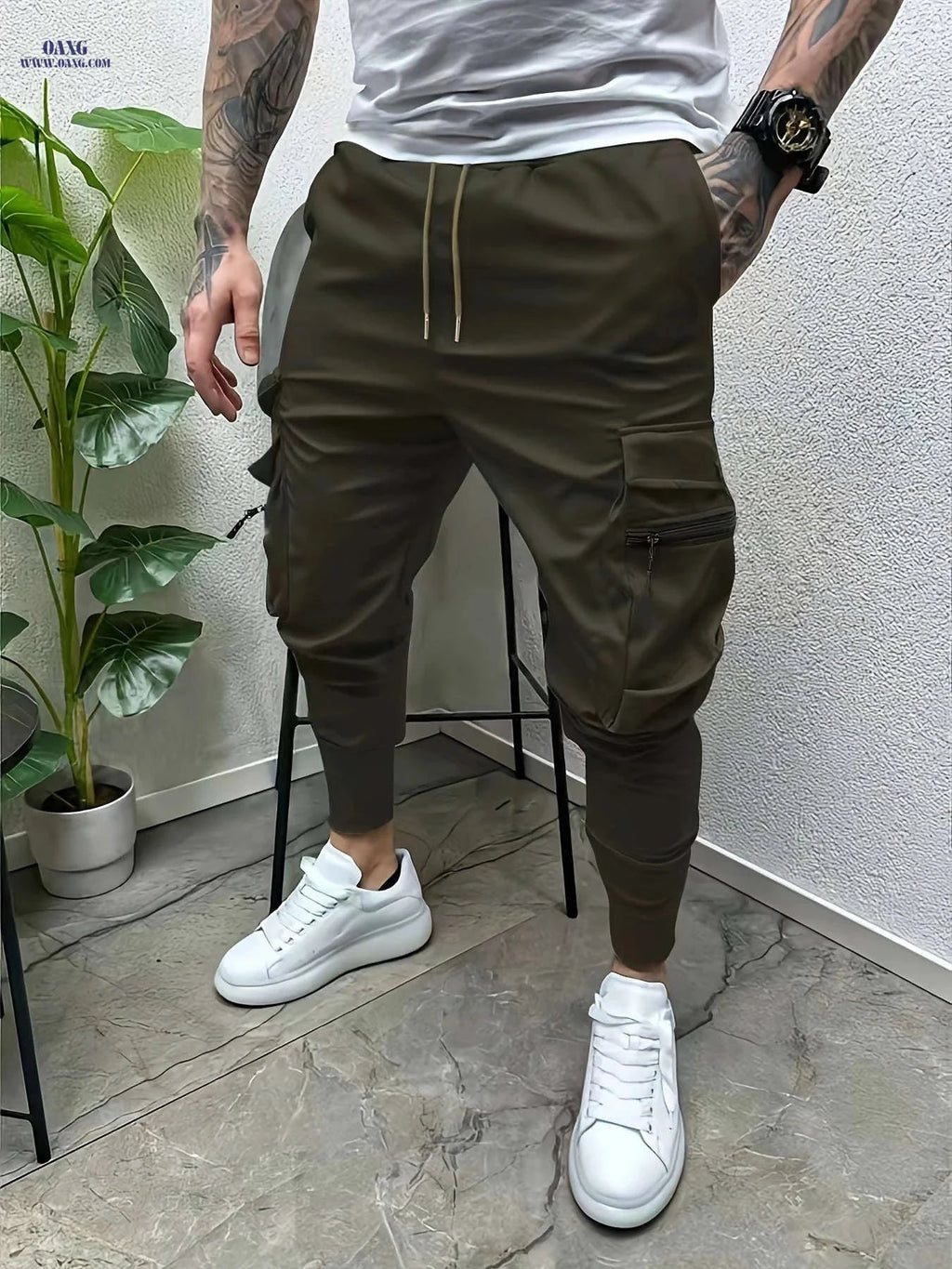 Minimalist Men's Cargo Pants - Solid Color with Drawstring Waist   OAXG 