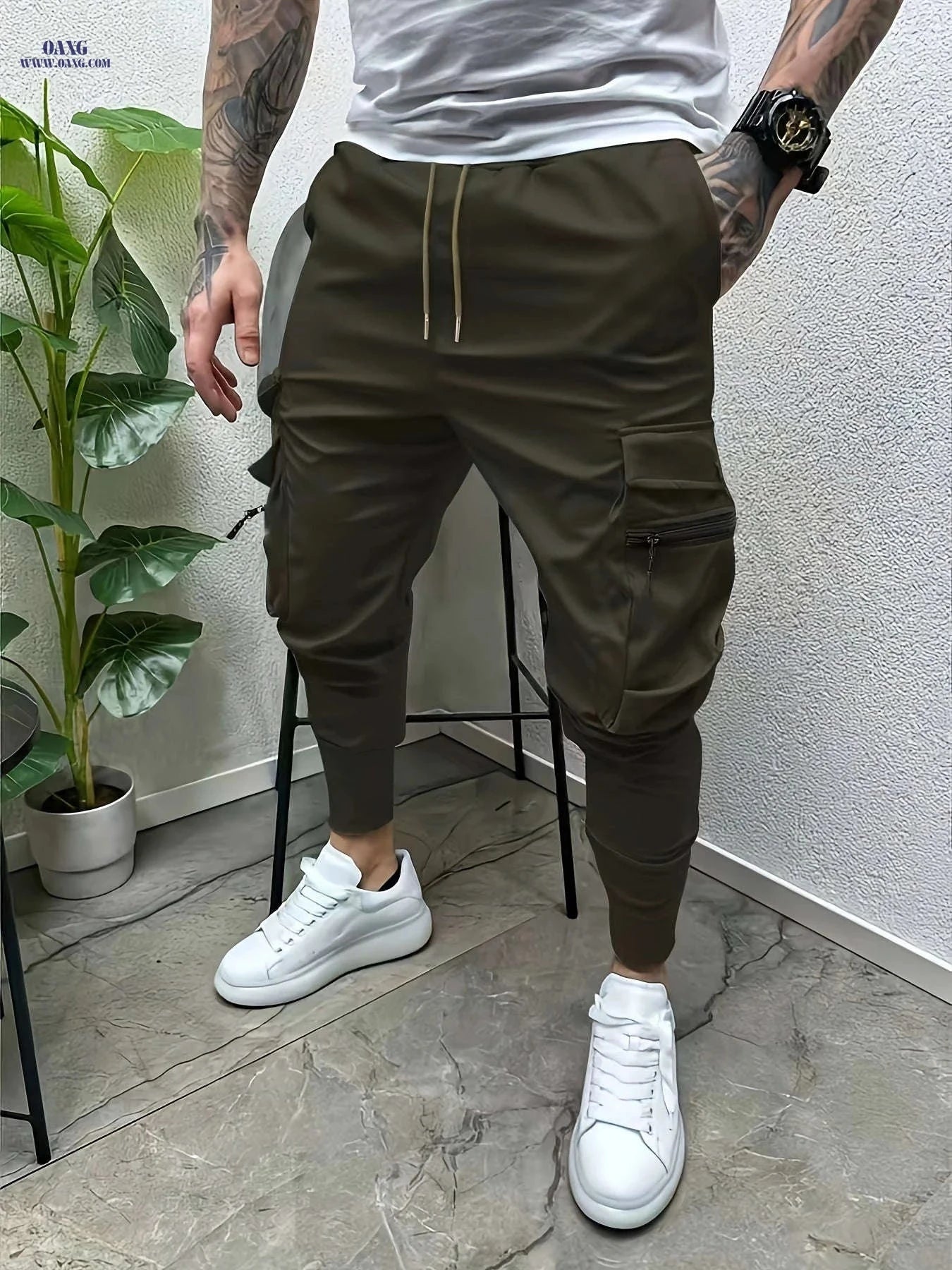 Minimalist Men's Cargo Pants - Solid Color with Drawstring Waist   OAXG 