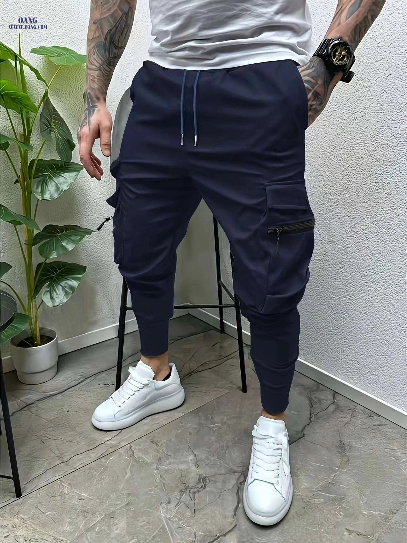 Minimalist Men's Cargo Pants - Solid Color with Drawstring Waist   OAXG 