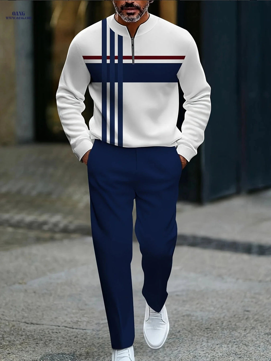 Minimalist Men's Casual Sportswear Set - Blue & Black Stripe Style   OAXG 