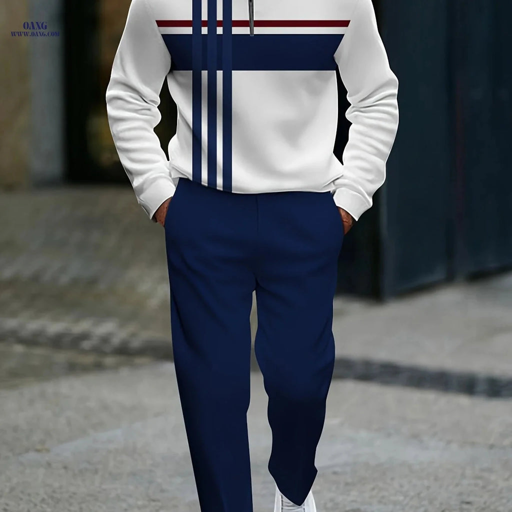 Minimalist Men's Casual Sportswear Set - Blue & Black Stripe Style   OAXG White / FR S