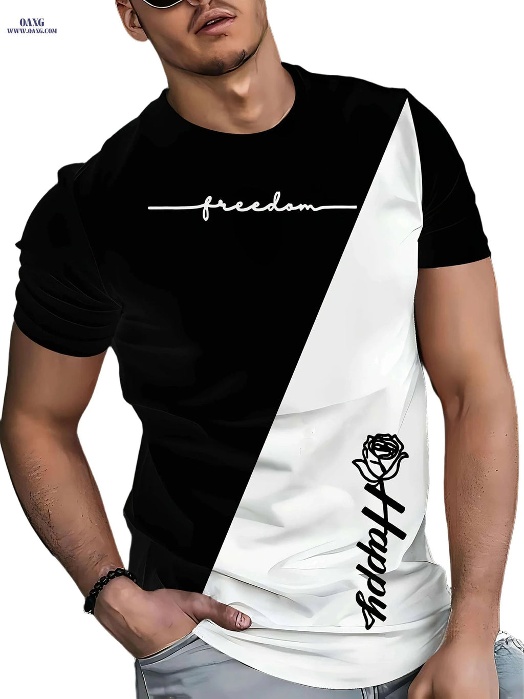 Modern Men's Black & White Color Block Tee - Lightweight & Stylish   OAXG 