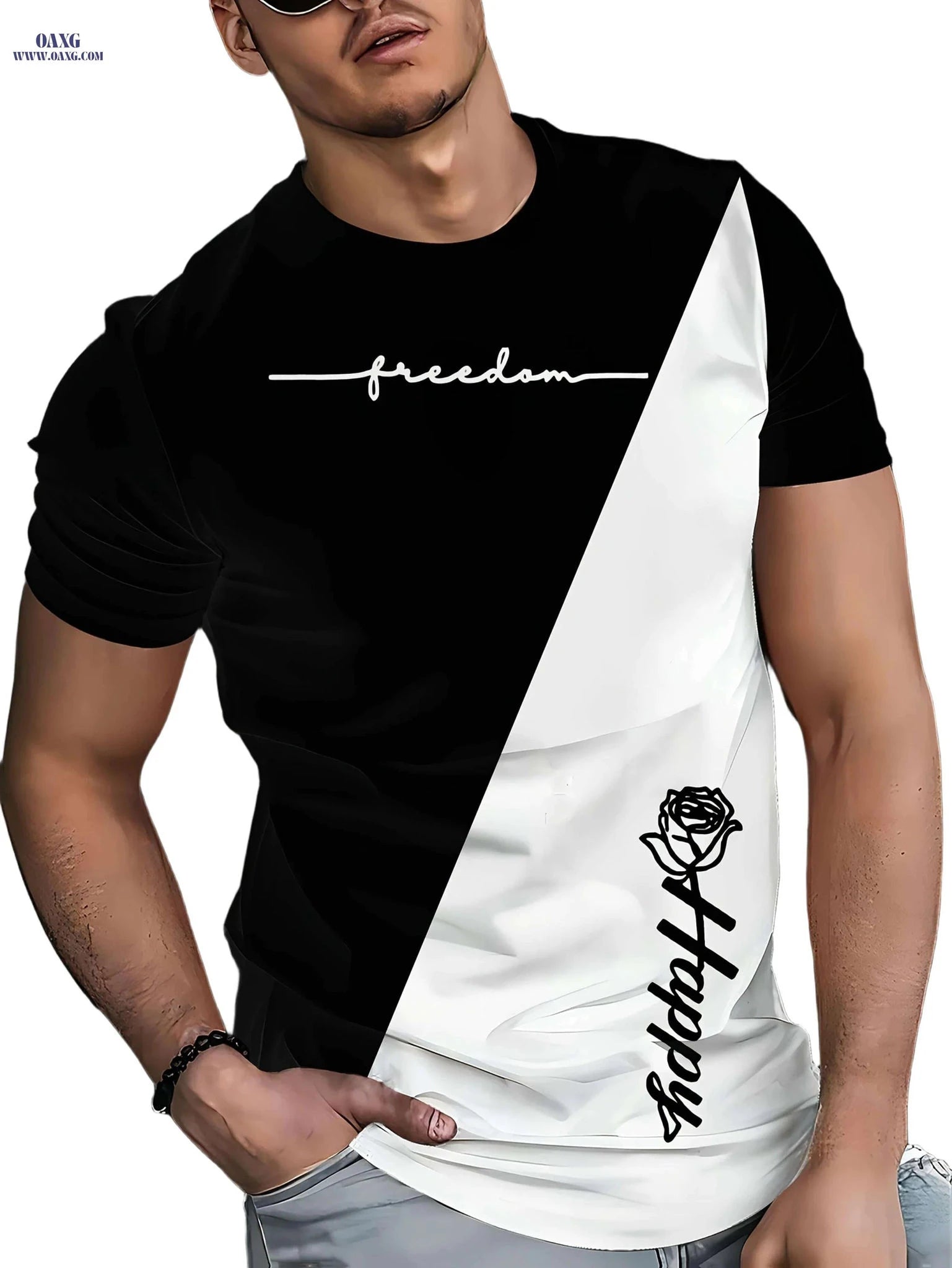 Modern Men's Black & White Color Block Tee - Lightweight & Stylish   OAXG 