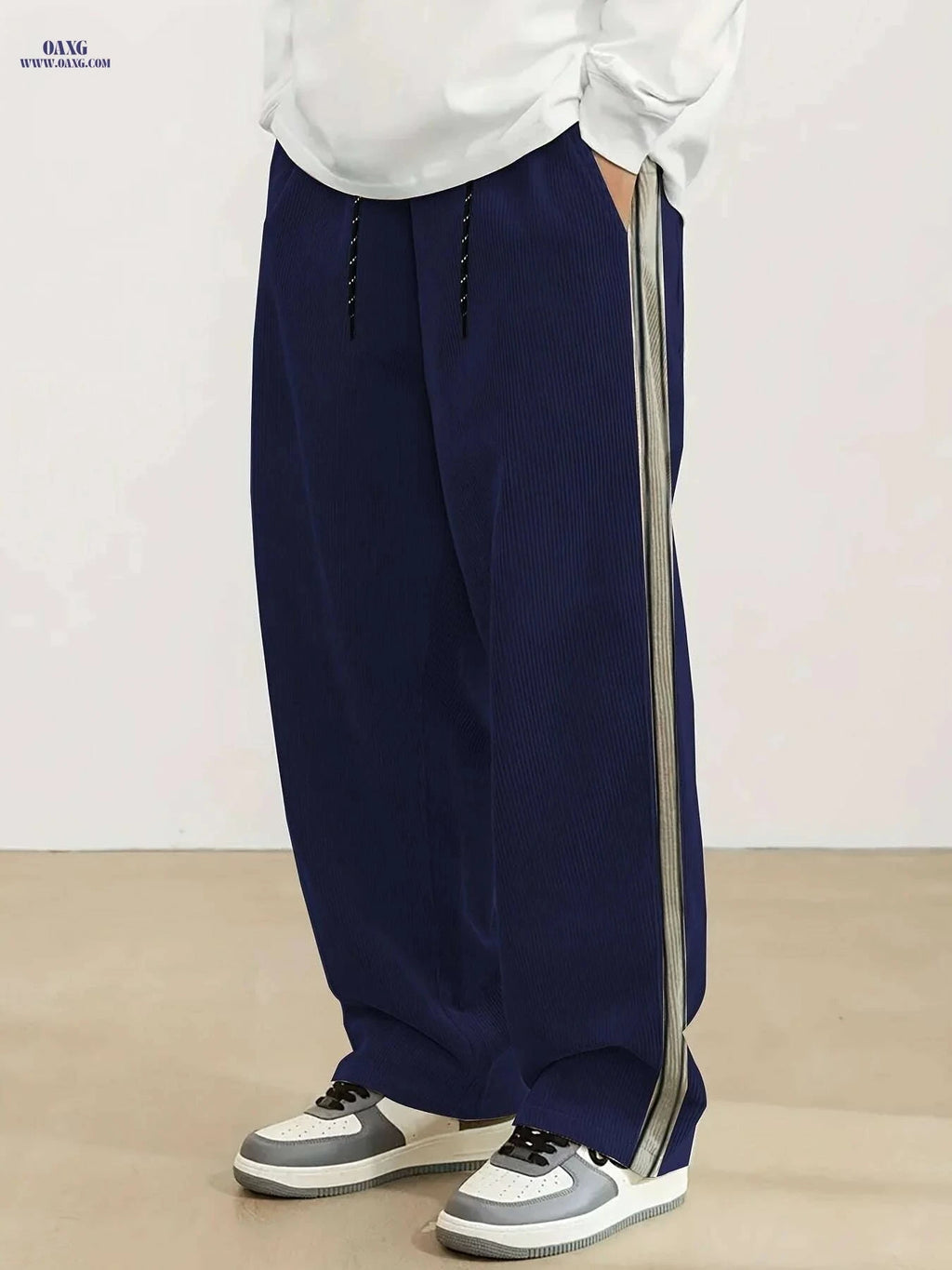 Modern Men's Straight-Leg Pants - Navy & White Stripes, Comfort Fit   OAXG Navy Blue / S