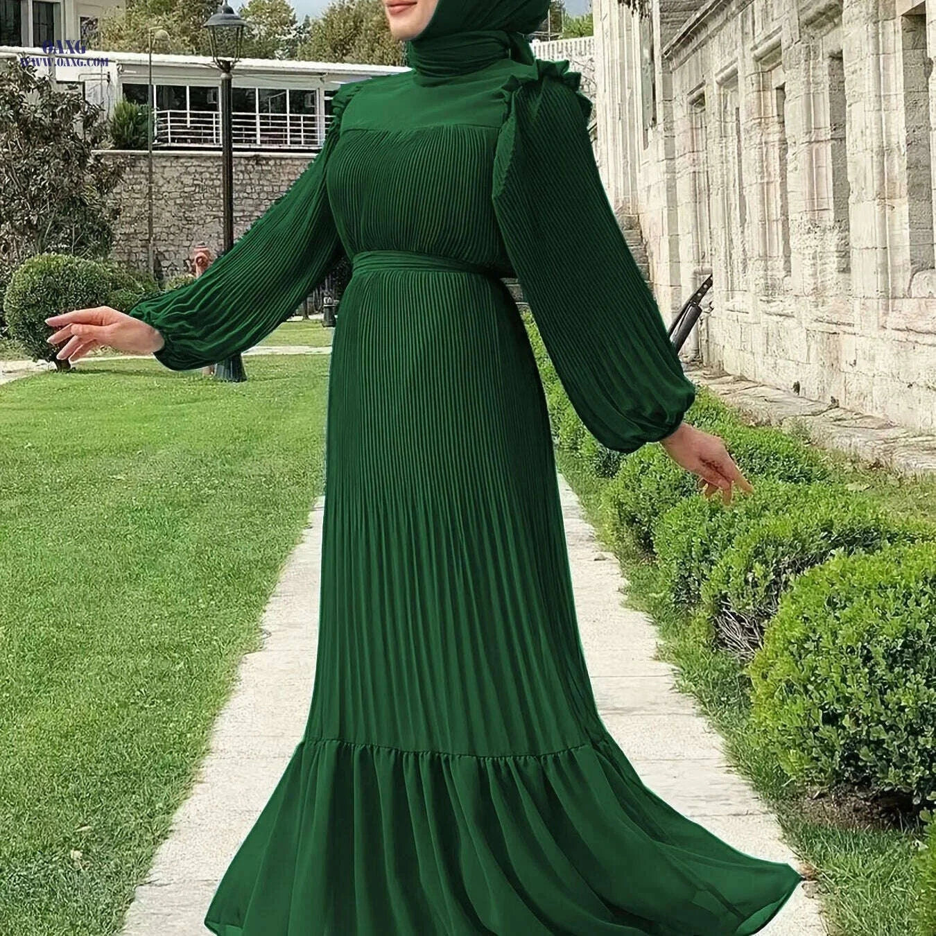 Modest Long Sleeve Abaya Kaftan Dress - Ruffled Hem & Belted Style   OAXG 