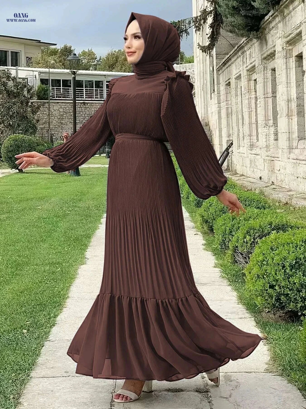 Modest Long Sleeve Abaya Kaftan Dress - Ruffled Hem & Belted Style   OAXG 