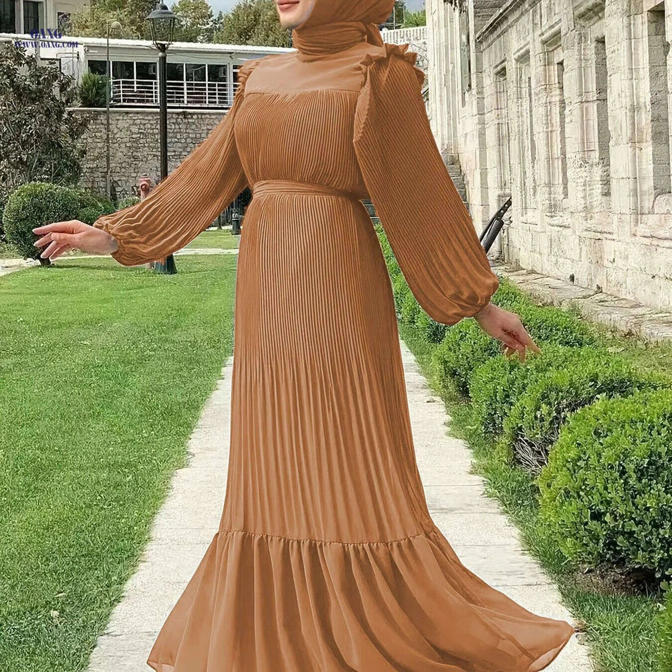 Modest Long Sleeve Abaya Kaftan Dress - Ruffled Hem & Belted Style   OAXG Dark Green / S