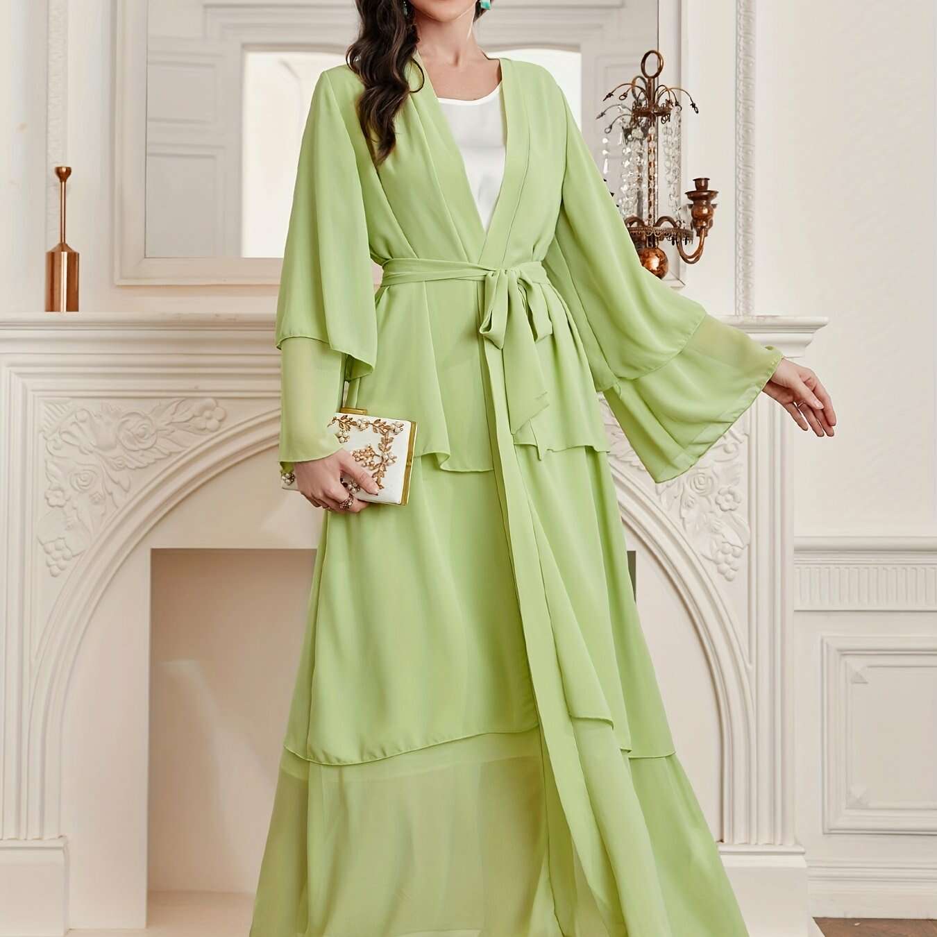 Modest Long Sleeve Ramadan Dress with Belt - Women's Clothing   OAXG 