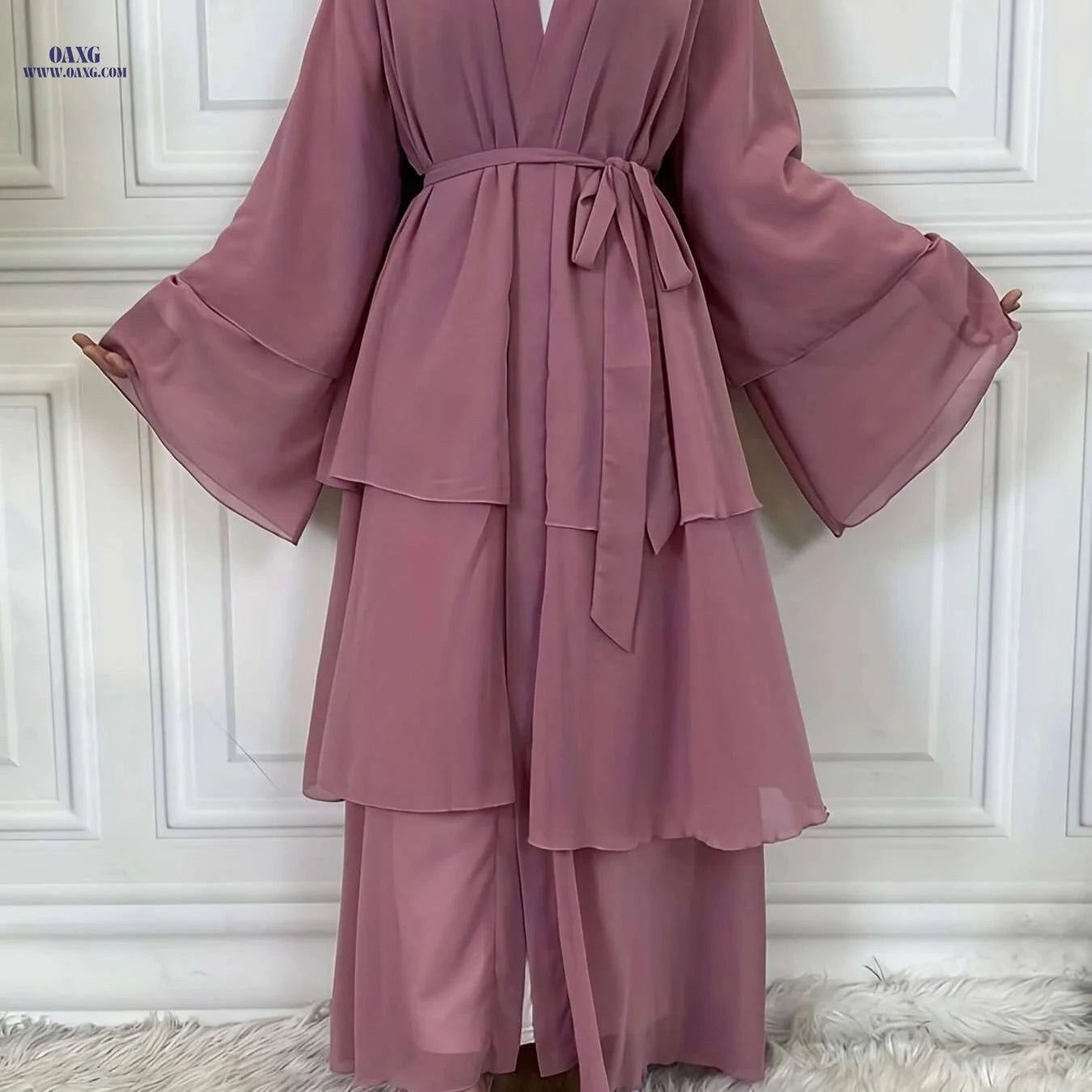 Modest Long Sleeve Ramadan Dress with Belt - Women's Clothing   OAXG White / S