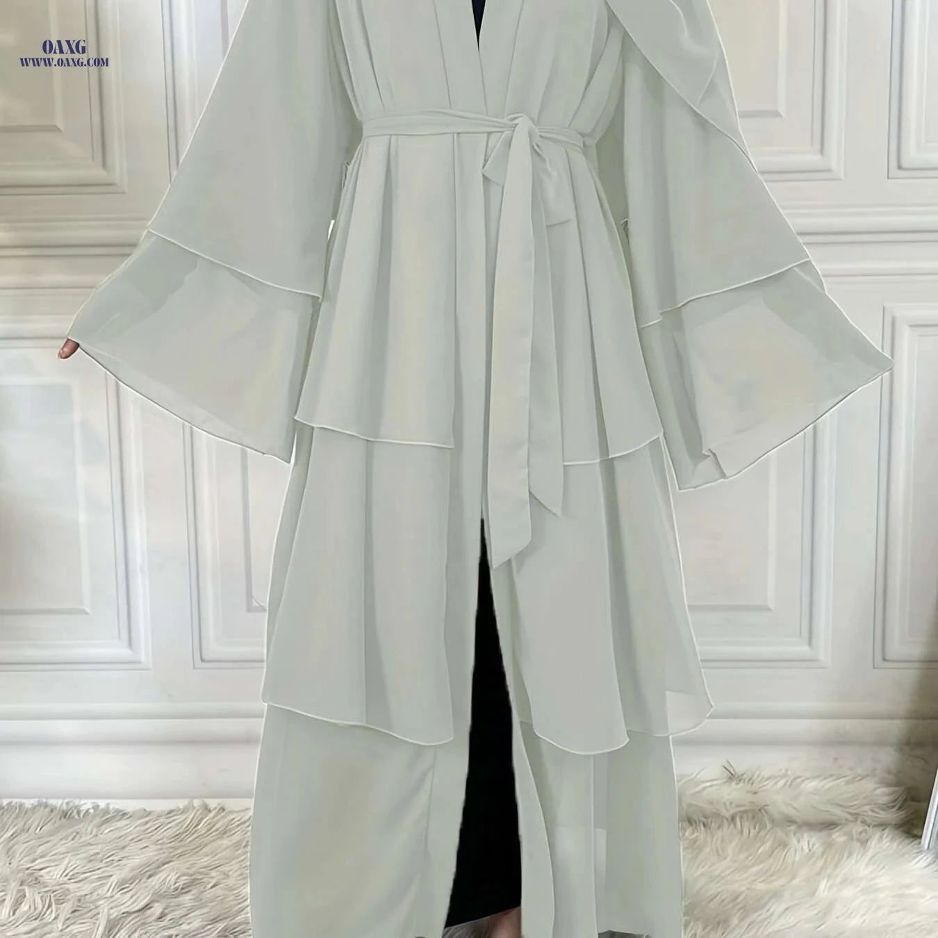 Modest Long Sleeve Ramadan Dress with Belt - Women's Clothing   OAXG White / S