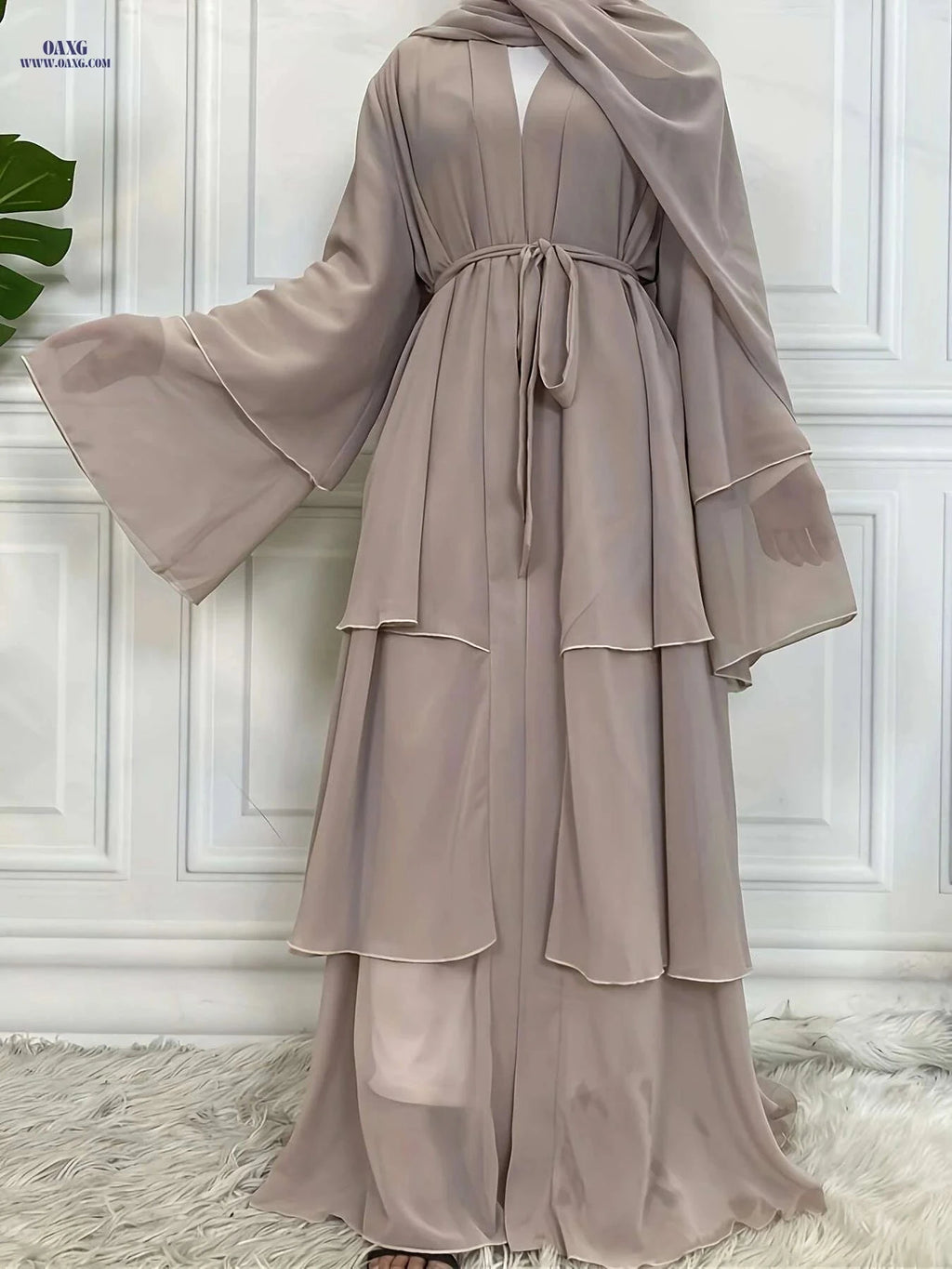 Modest Long Sleeve Ramadan Dress with Belt - Women's Clothing   OAXG White / S