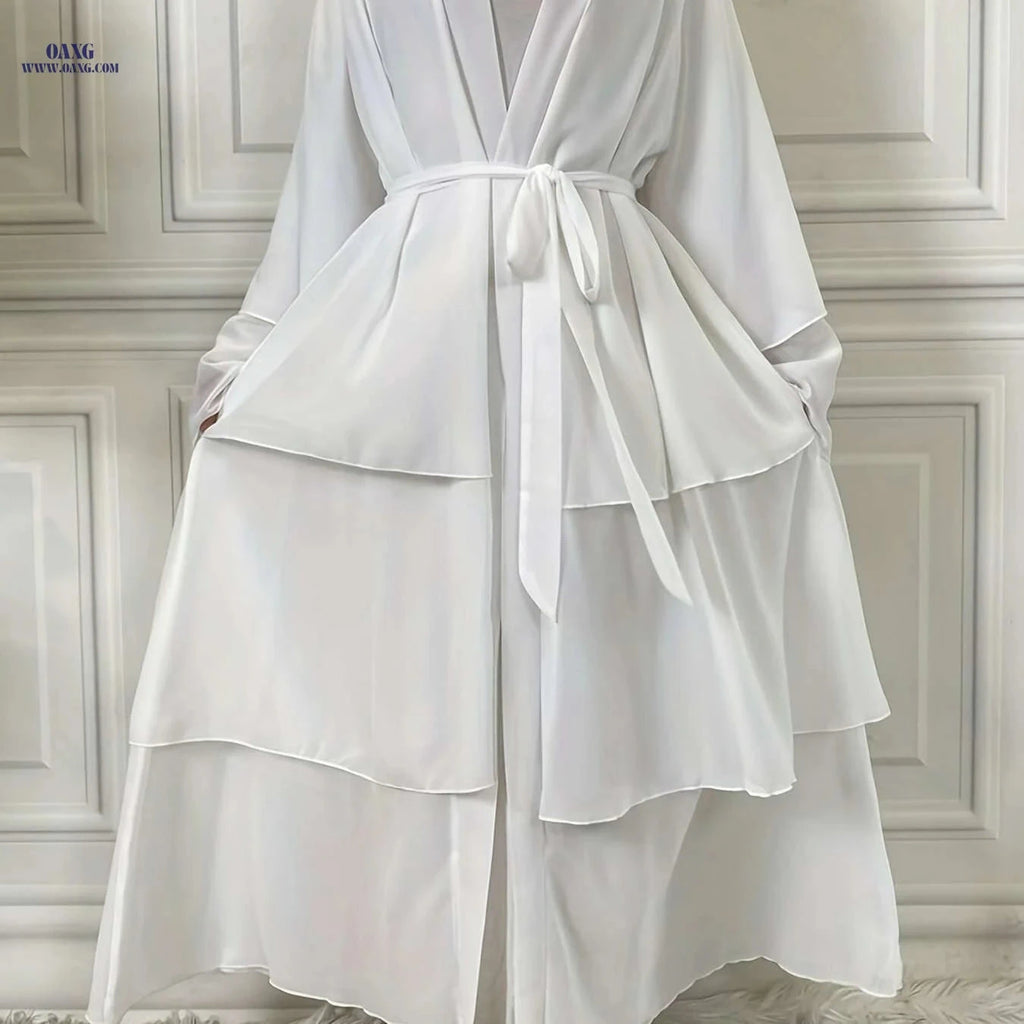 Modest Long Sleeve Ramadan Dress with Belt - Women's Clothing   OAXG White / S