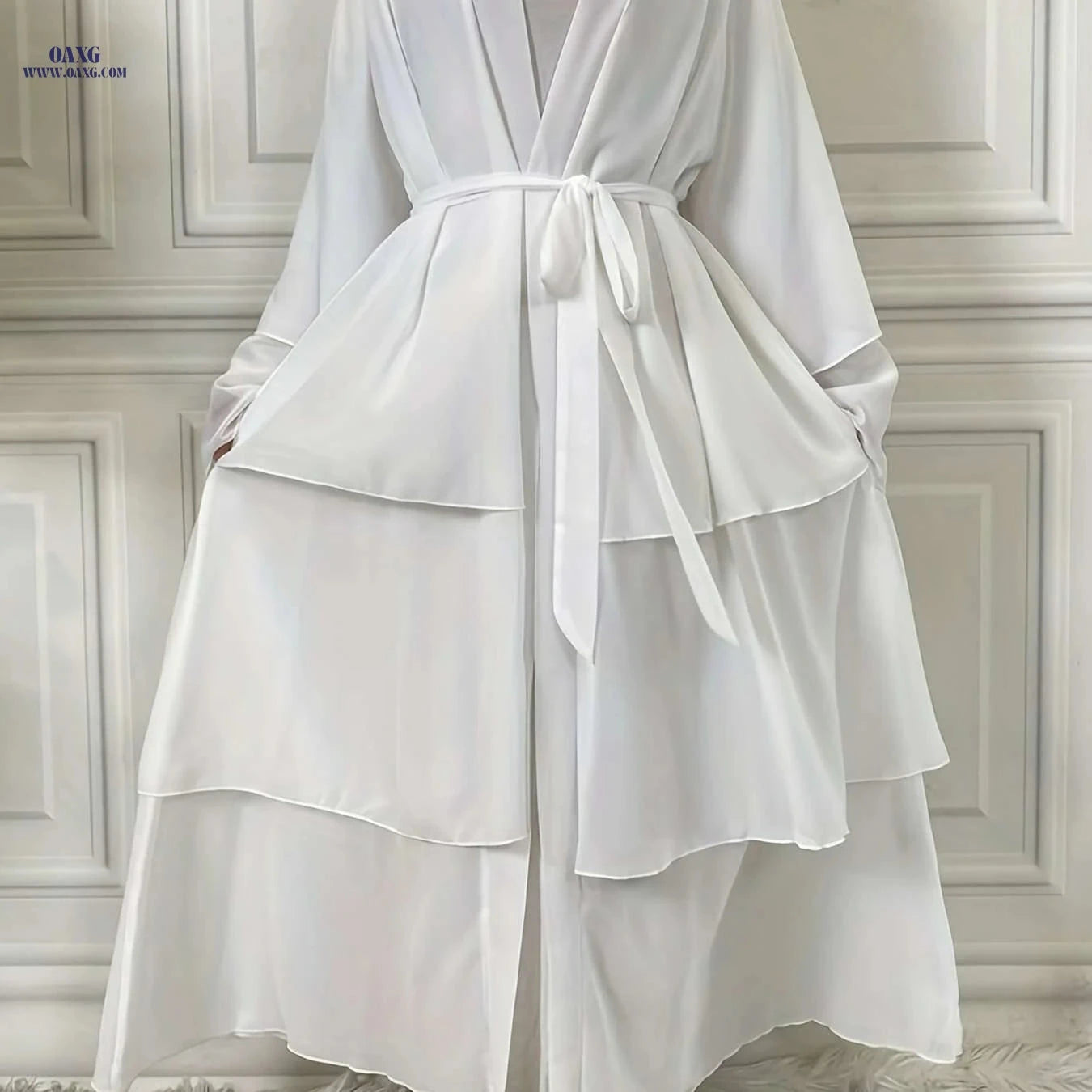 Modest Long Sleeve Ramadan Dress with Belt - Women's Clothing   OAXG White / S