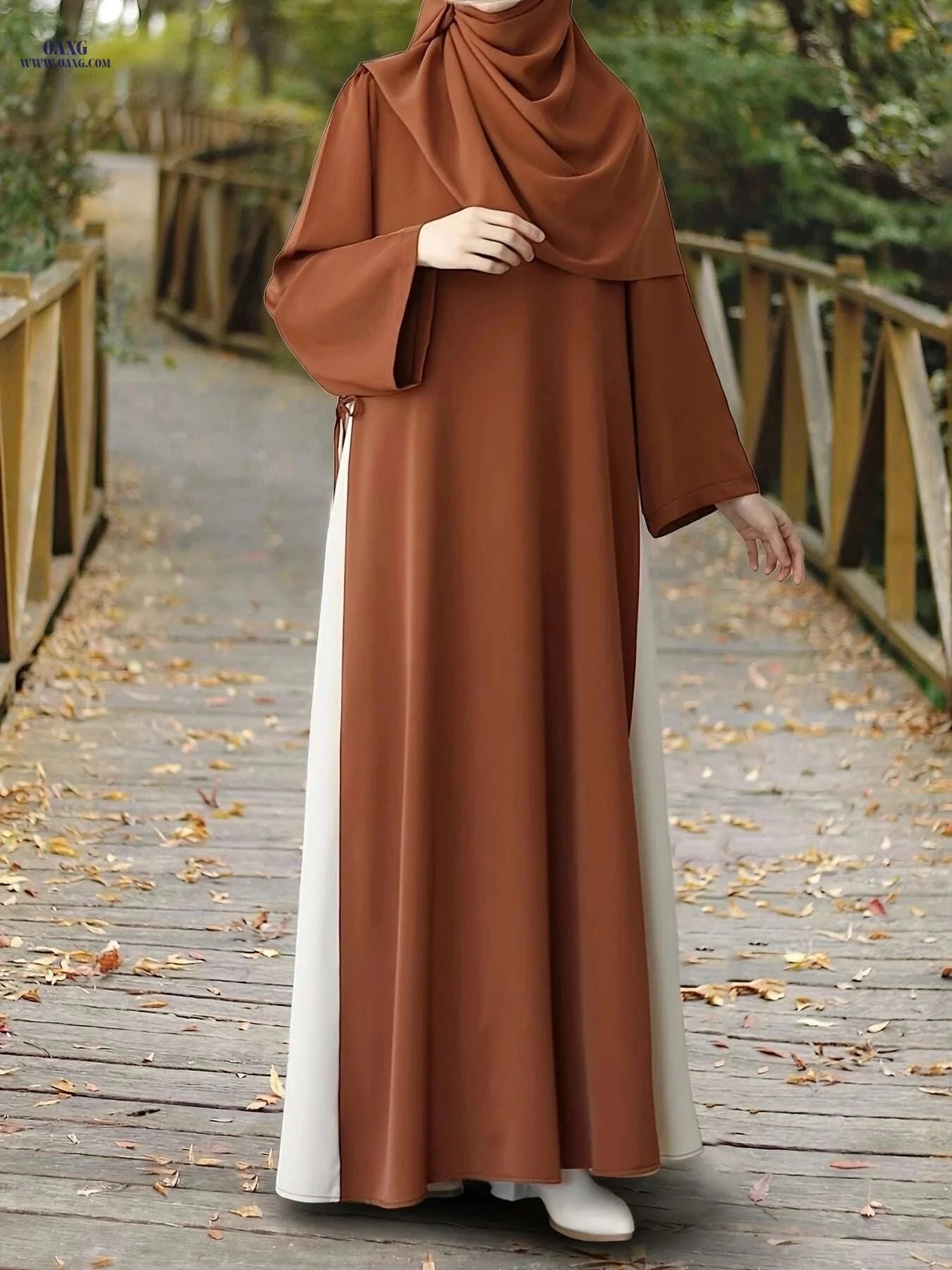 Modest Muslim Abaya Dress - Long Sleeve, Color Block, Adjustable Fit   OAXG 