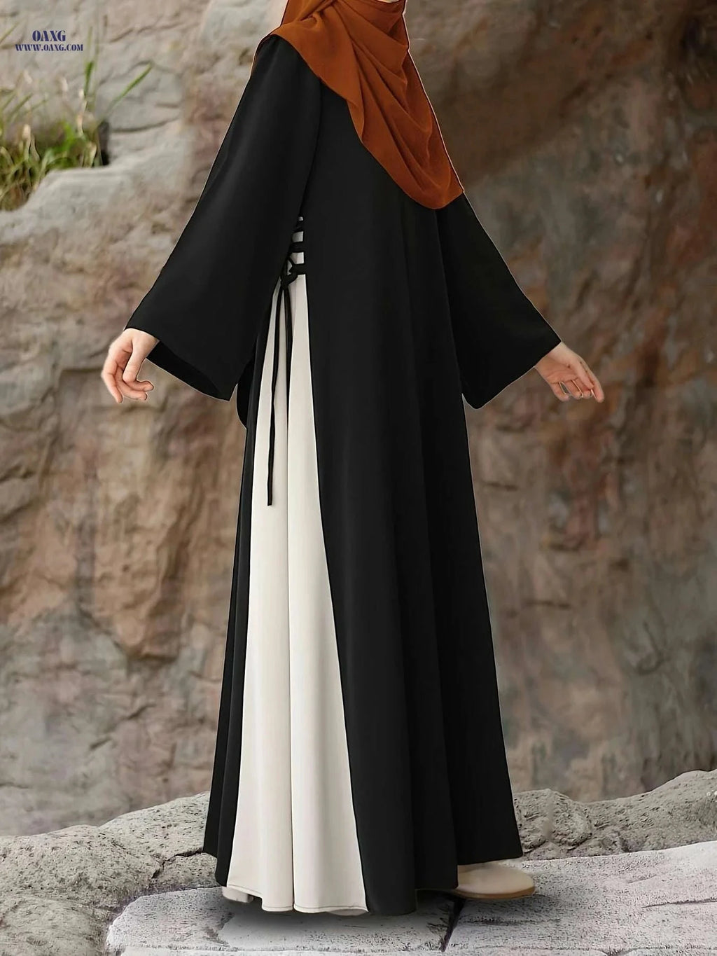 Modest Muslim Abaya Dress - Long Sleeve, Color Block, Adjustable Fit   OAXG Green / S