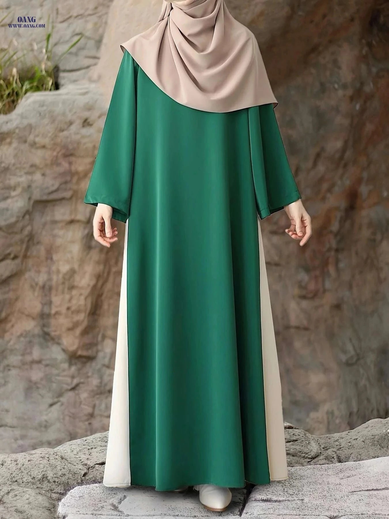 Modest Muslim Abaya Dress - Long Sleeve, Color Block, Adjustable Fit   OAXG Green / S