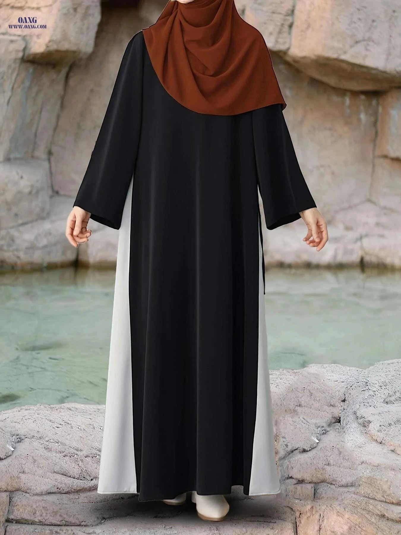 Modest Muslim Abaya Dress - Long Sleeve, Color Block, Adjustable Fit   OAXG Green / S