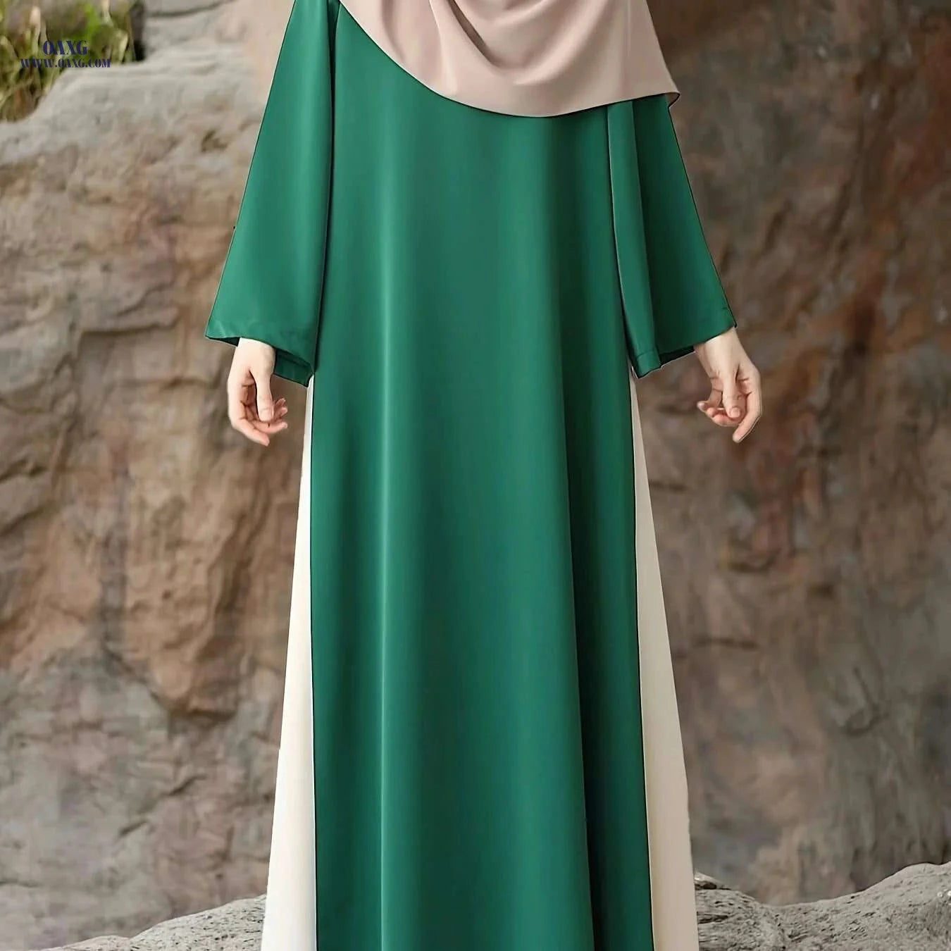 Modest Muslim Abaya Dress - Long Sleeve, Color Block, Adjustable Fit   OAXG Green / S