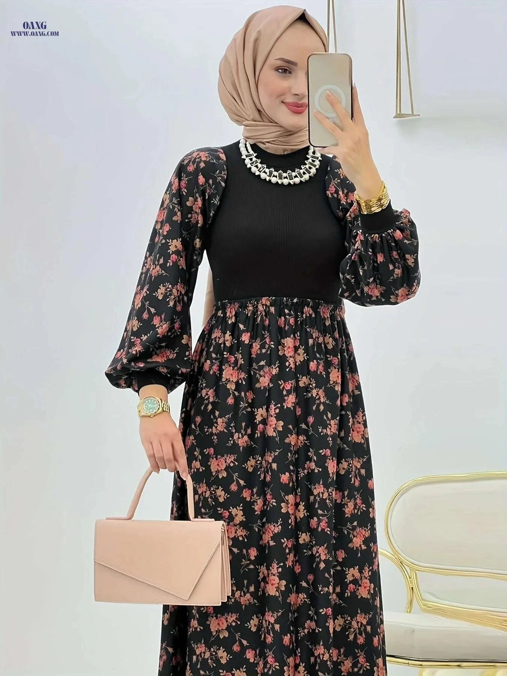 Modest Women's Abaya Dress - Floral Print for Cultural Attire   OAXG 