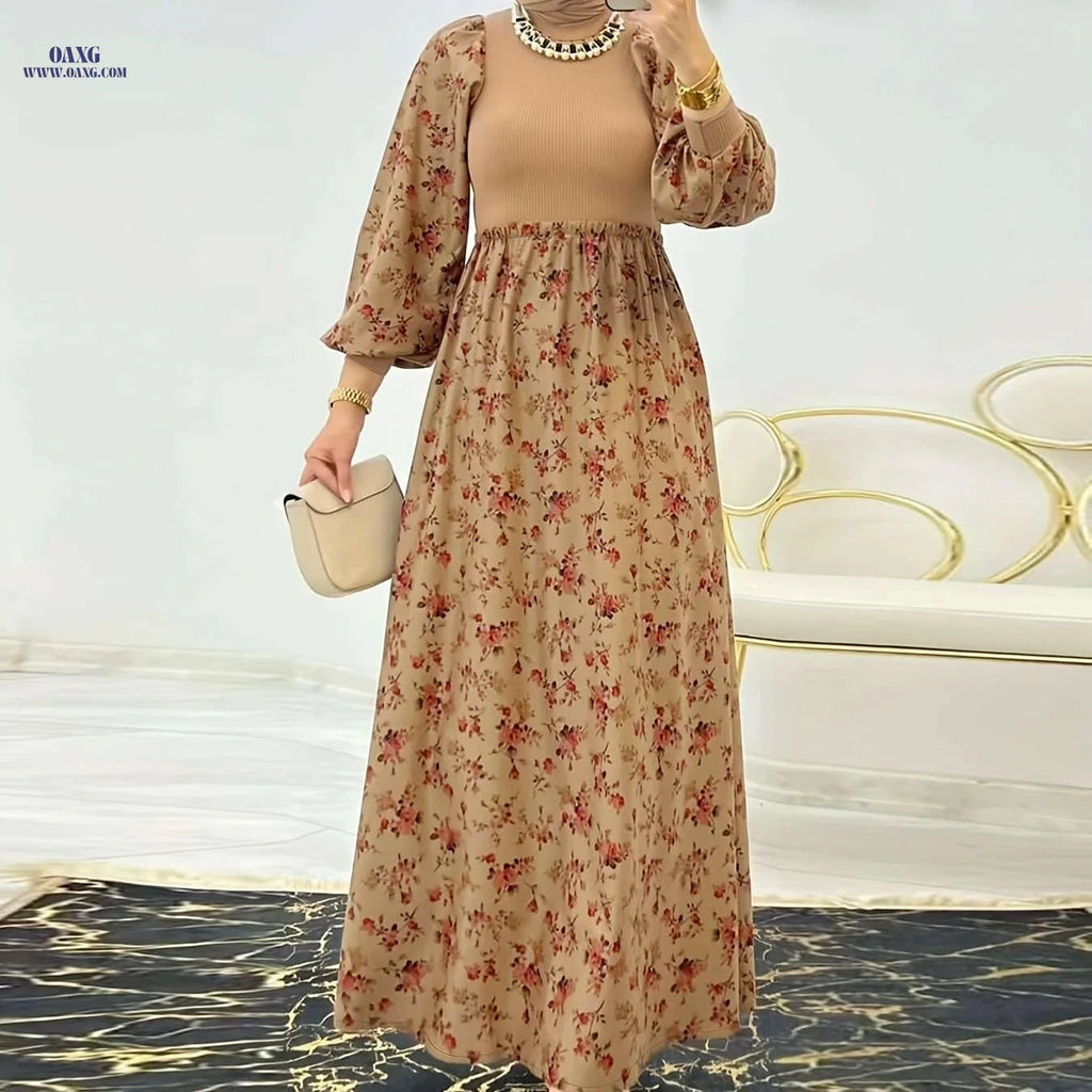 Modest Women's Abaya Dress - Floral Print for Cultural Attire   OAXG Bronze / S