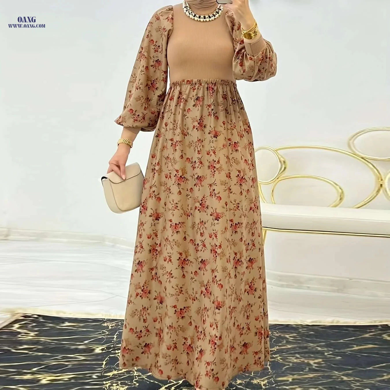 Modest Women's Abaya Dress - Floral Print for Cultural Attire   OAXG Bronze / S