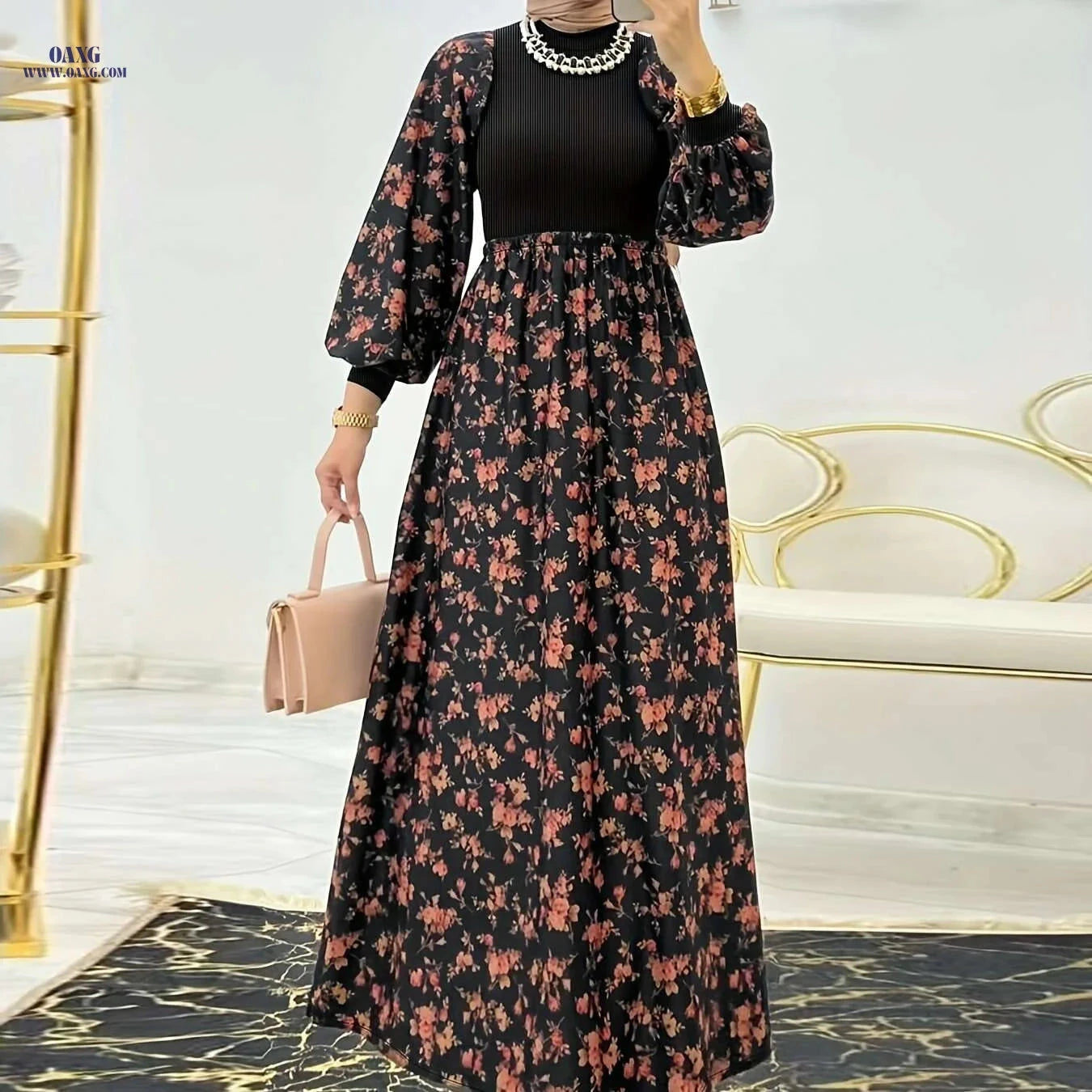 Modest Women's Abaya Dress - Floral Print for Cultural Attire   OAXG Bronze / S