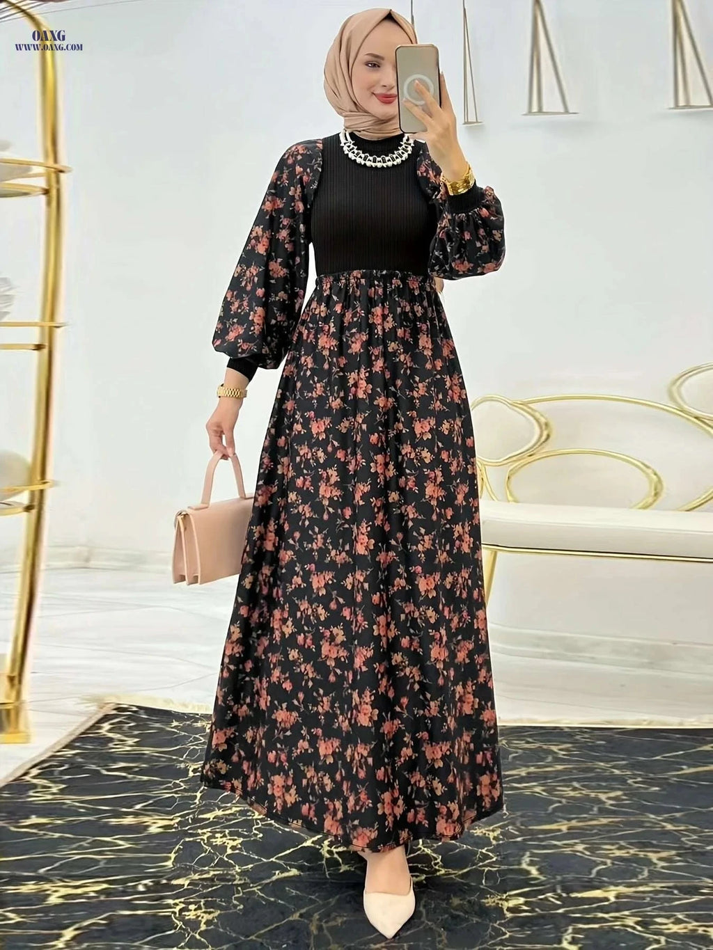 Modest Women's Abaya Dress - Floral Print for Cultural Attire   OAXG Bronze / S