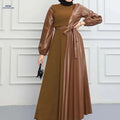Modest Women's Long Sleeve Dress - Black Solid with Adjustable Belt   OAXG Orange Brown / S