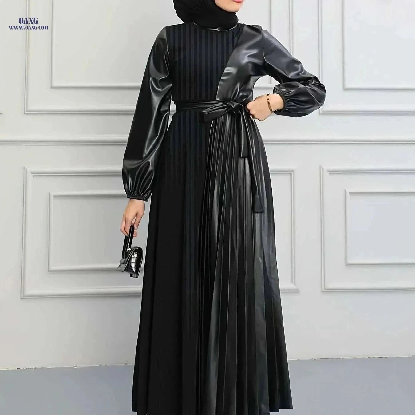 Modest Women's Long Sleeve Dress - Black Solid with Adjustable Belt   OAXG Orange Brown / S