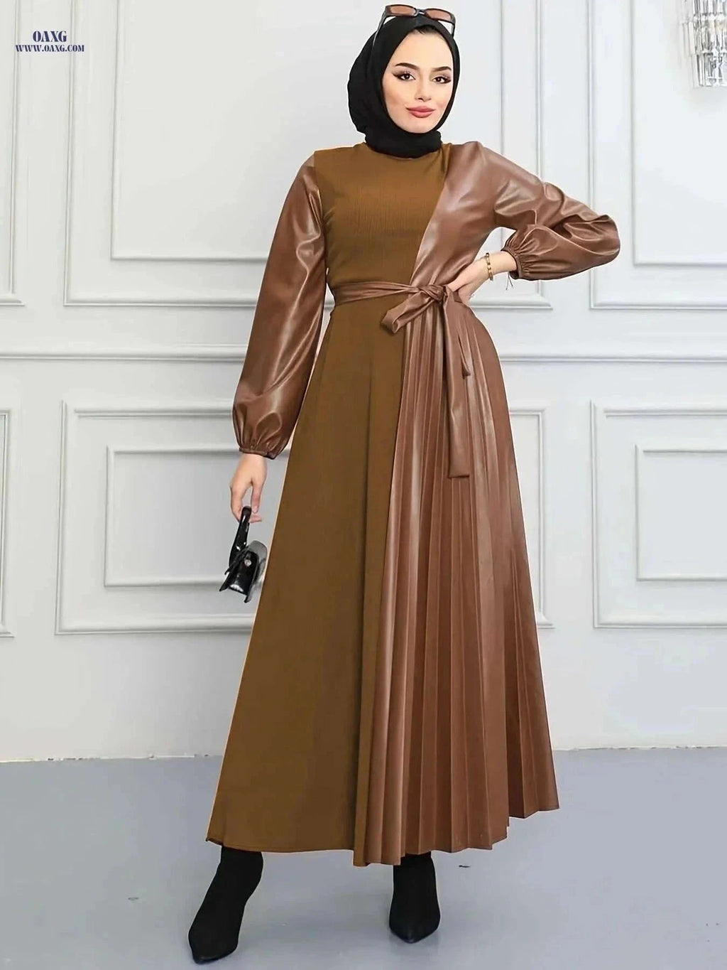 Modest Women's Long Sleeve Dress - Black Solid with Adjustable Belt   OAXG Orange Brown / S