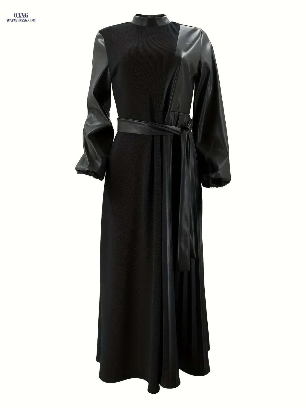 Modest Women's Long Sleeve Dress - Black Solid with Adjustable Belt   OAXG Orange Brown / S