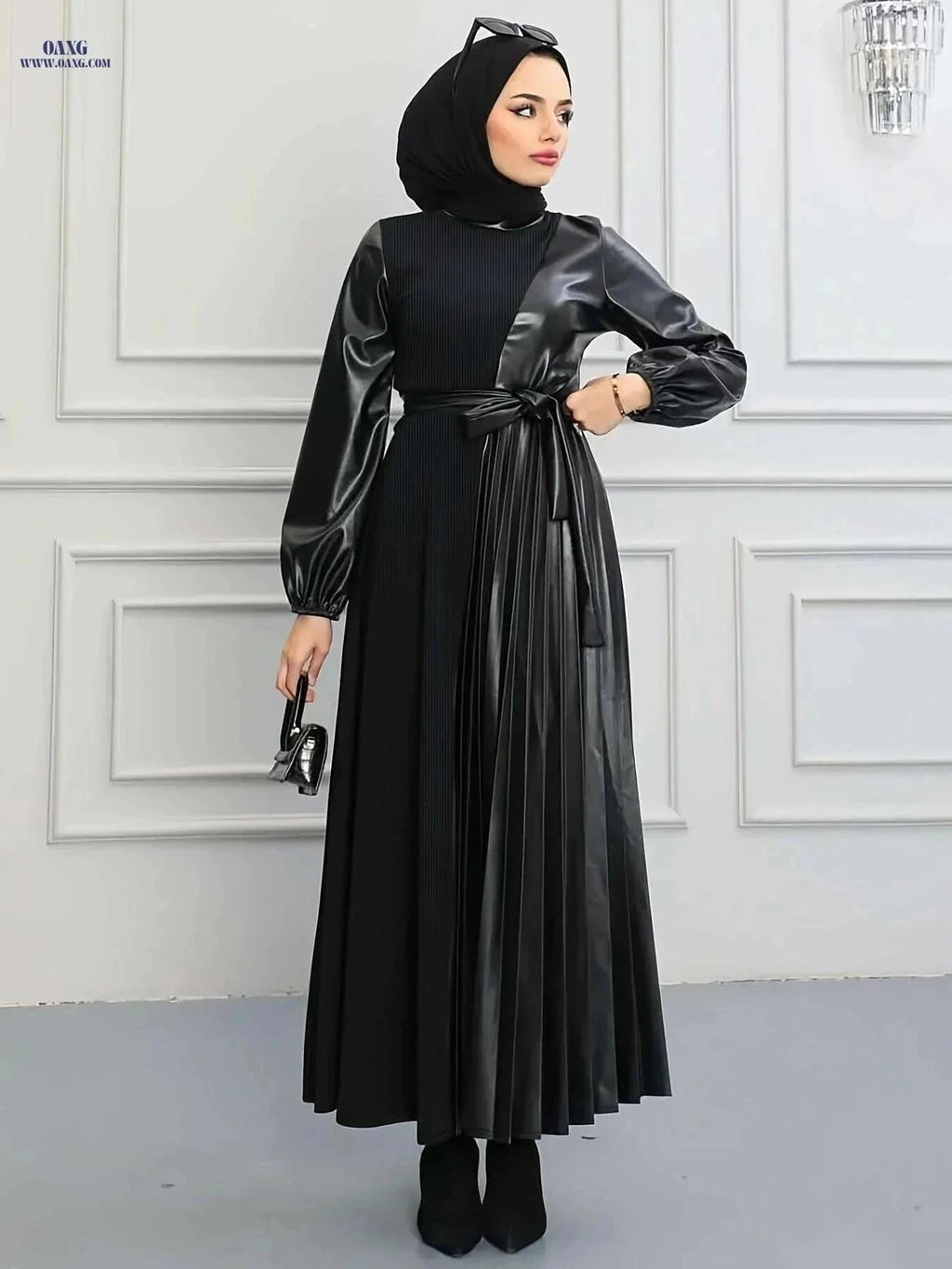 Modest Women's Long Sleeve Dress - Black Solid with Adjustable Belt   OAXG Orange Brown / S