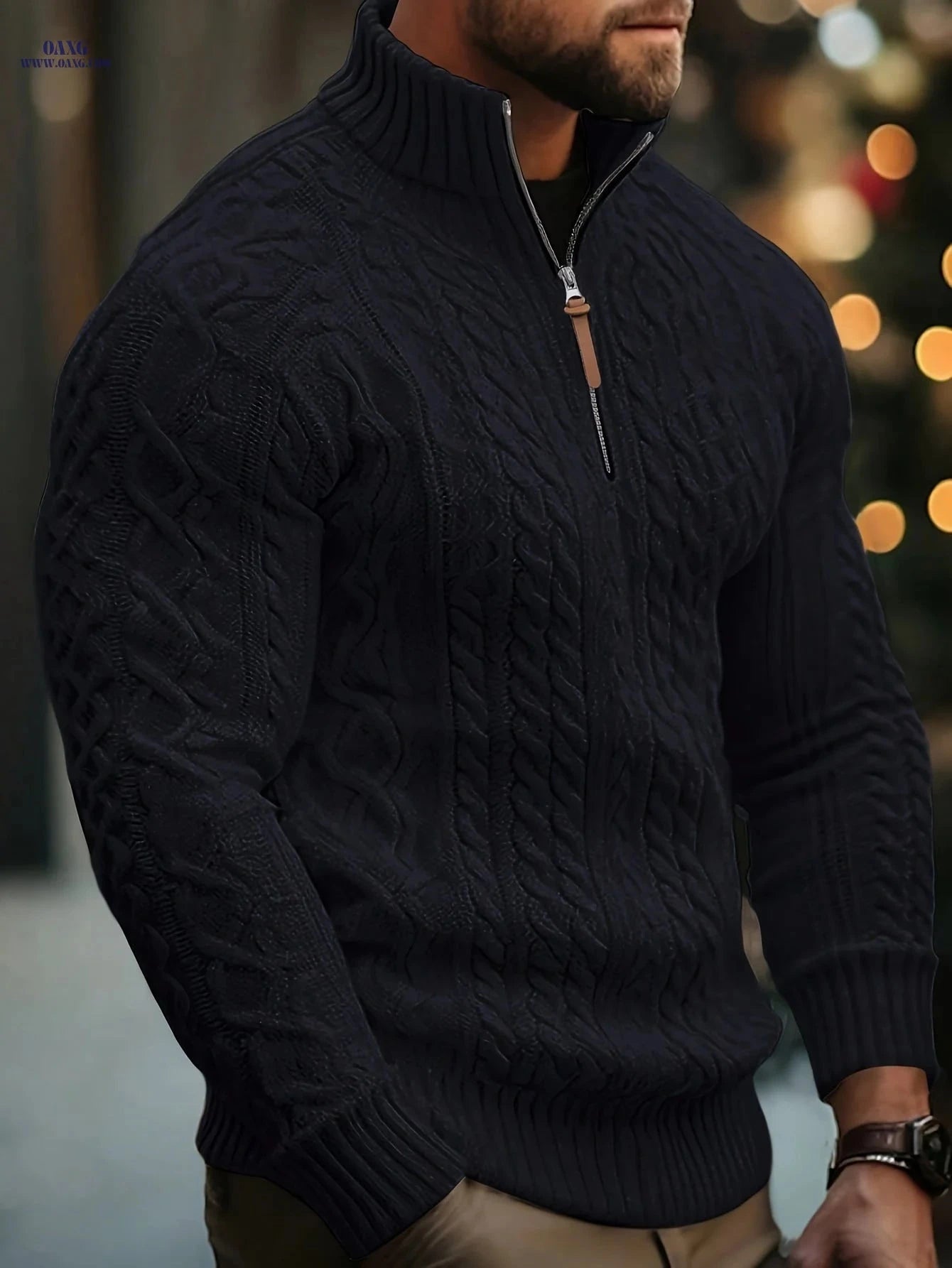 Mr. Pony Half-Zip Knit Aran Sweater - Casual Stand-Up Collar   OAXG 